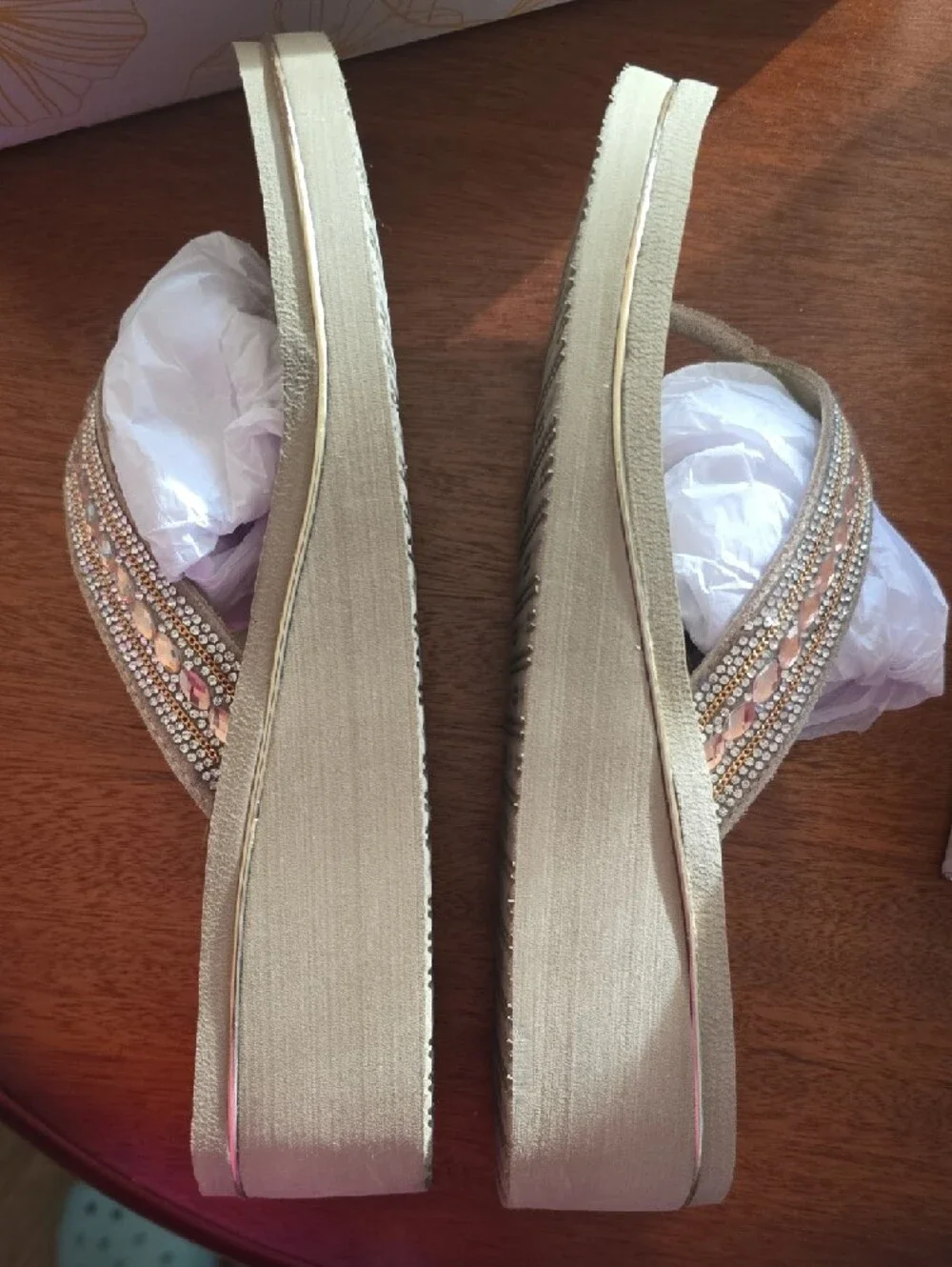 2 Pair-Yellow Box Gold Beaded Thong Sandals with Pink Accents - Picture 8 of 10